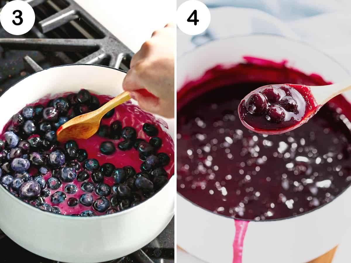 Blueberries are cooked in a pan with sugar until thickened.