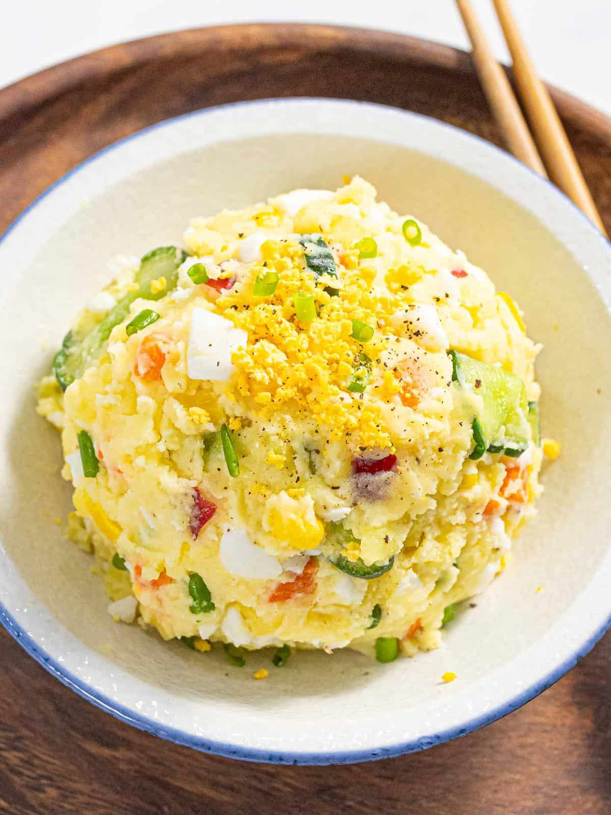 Korean potato salad in a bowl.