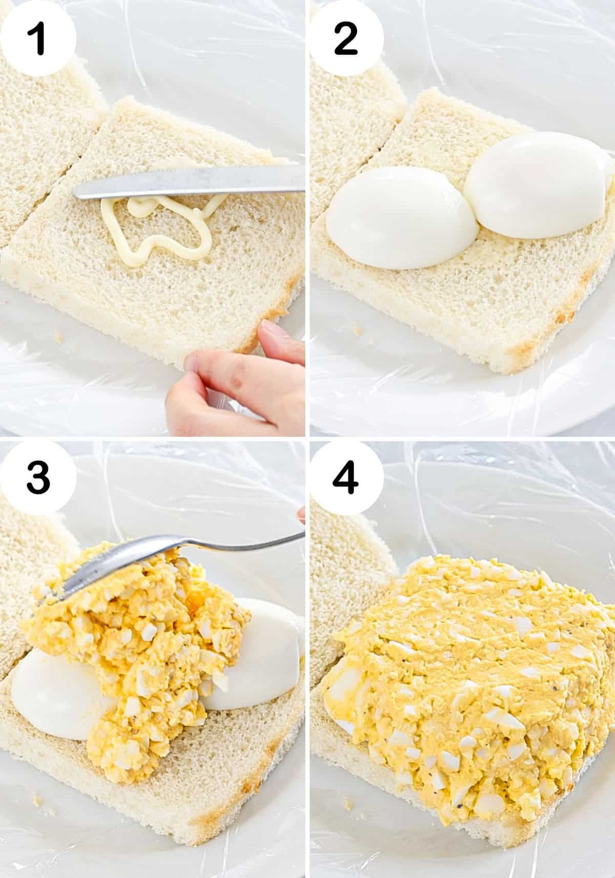 Step by step photos for how to make a Japanese egg sandwich.