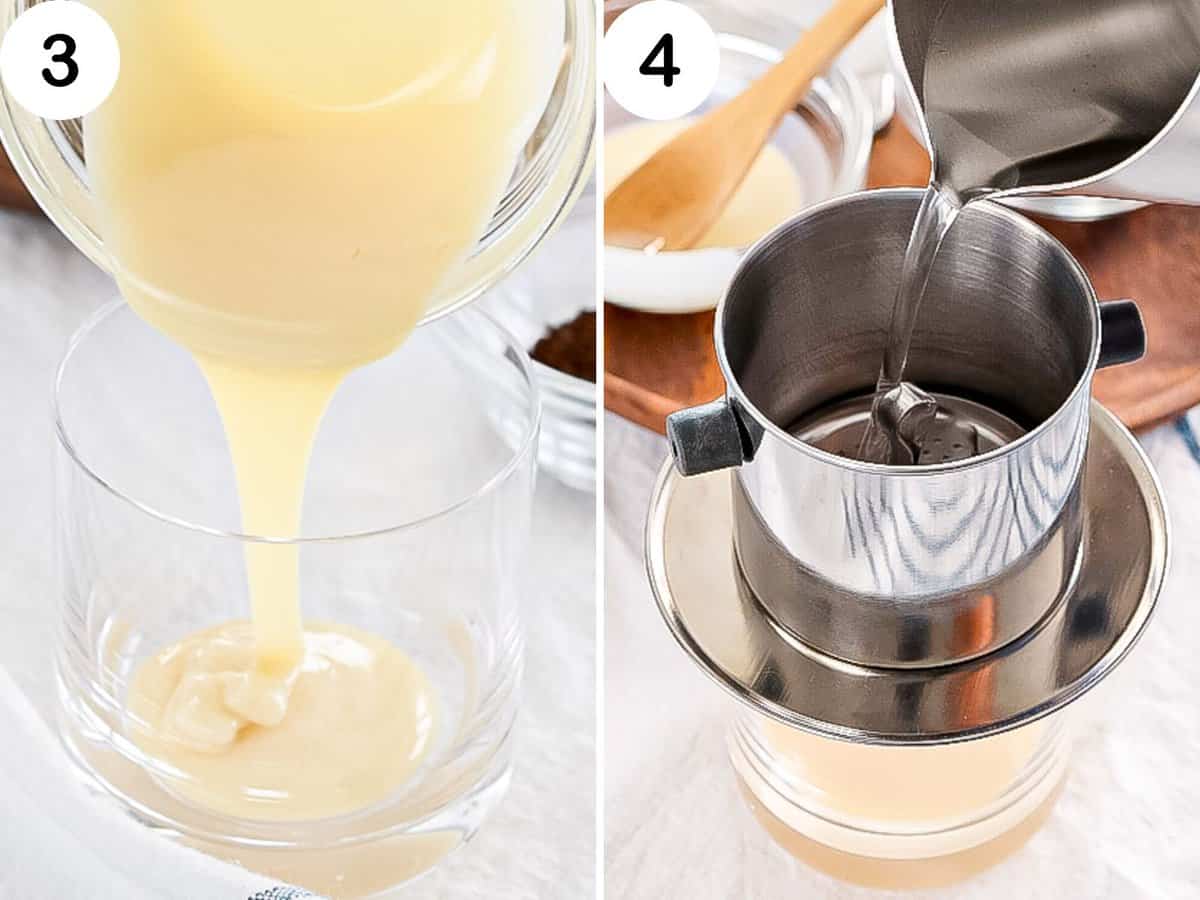 Condensed milk is added to a coffee cup with a phin filter or Vietnamese coffee filter placed on top.