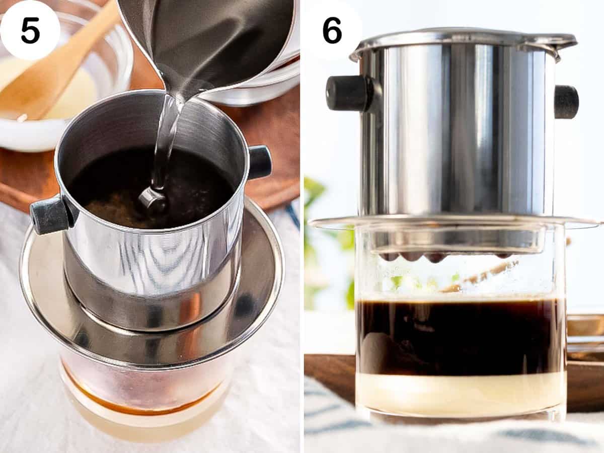 Hot water is poured into a phin filter to make slow drip Vietnamese coffee.