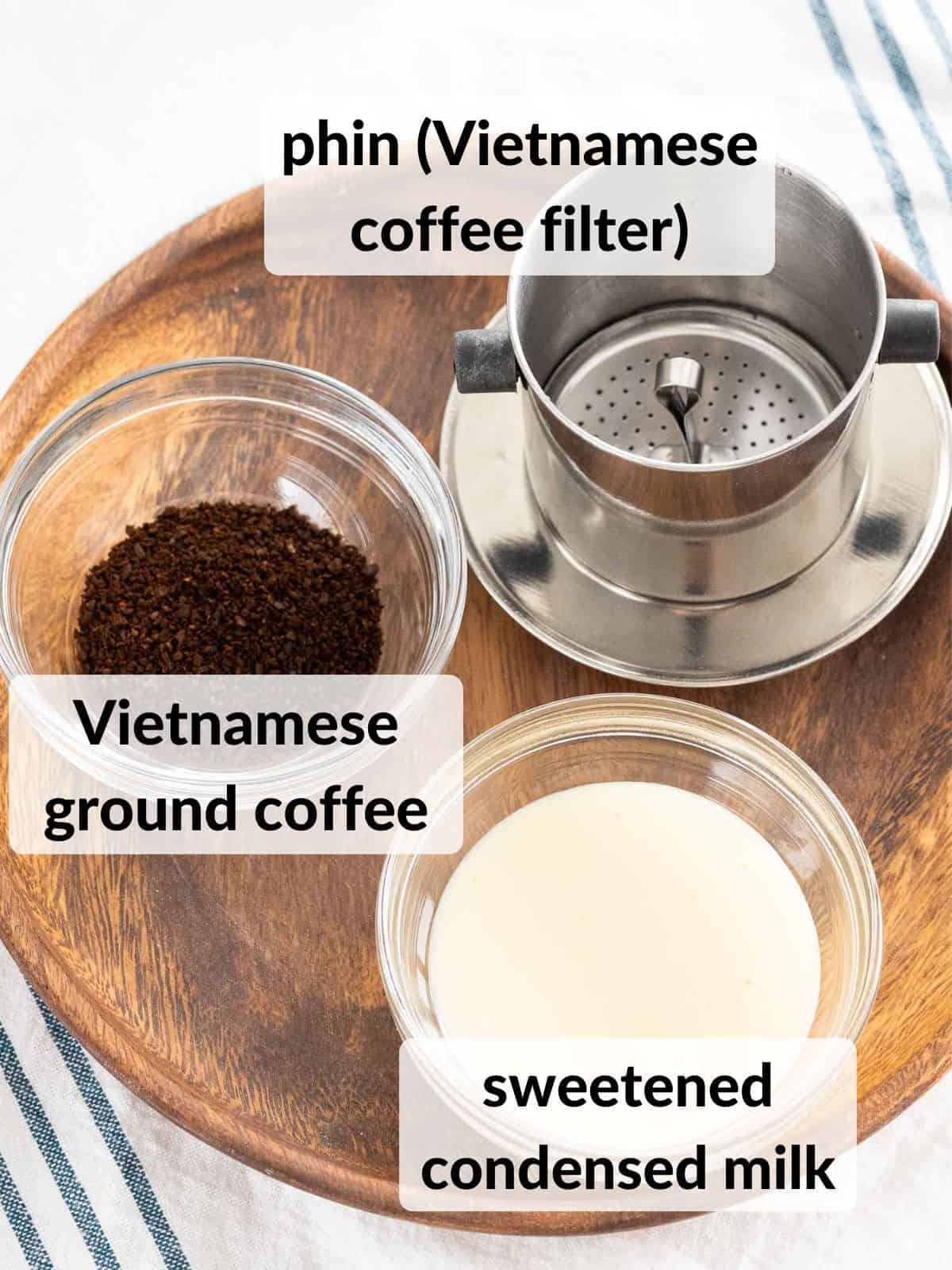 Phin filter and ingredients to make Vietnamese coffee.